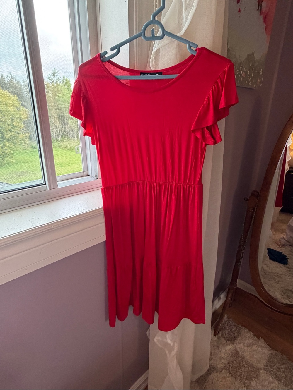 Red Flutter-Sleeve Tiered Midi Dress